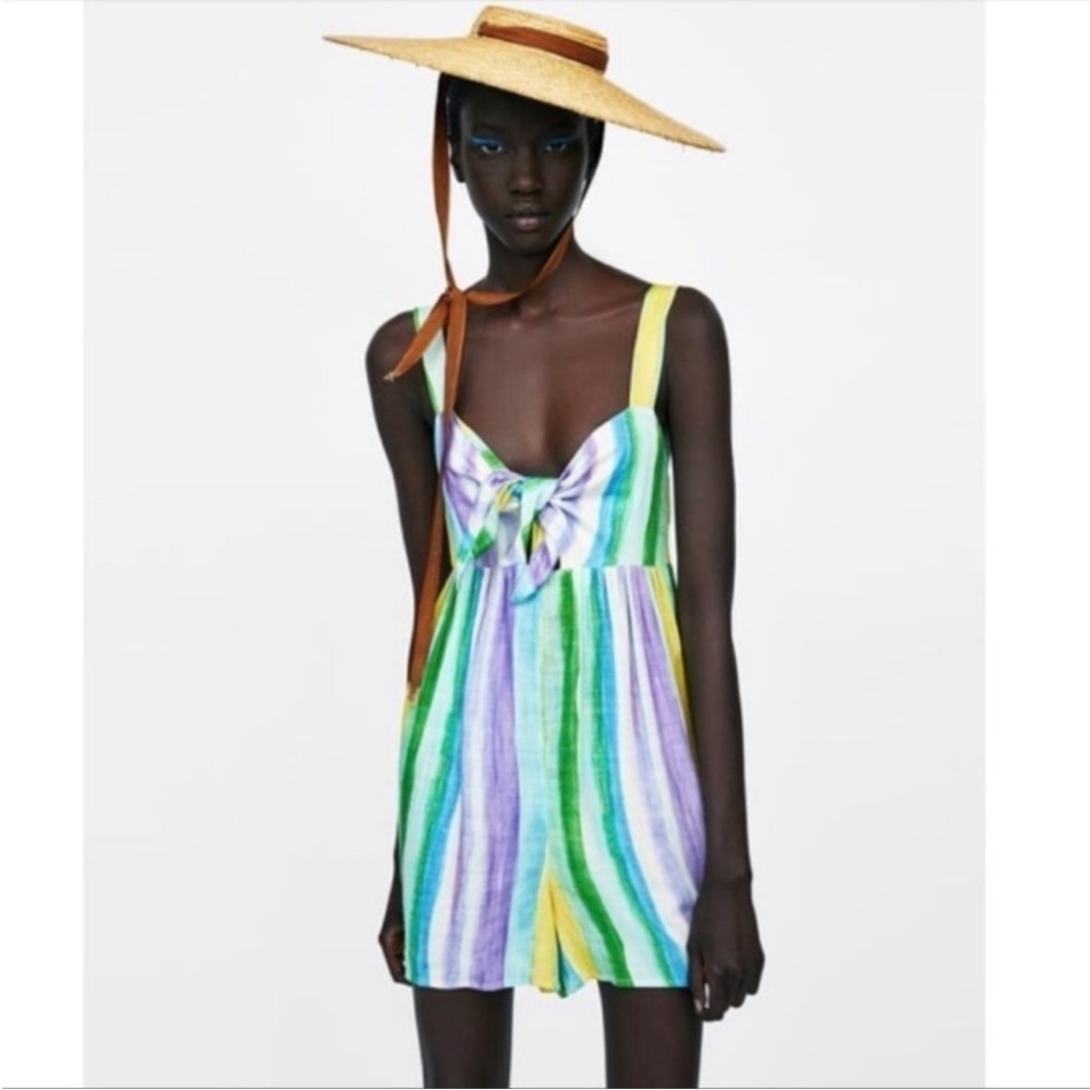 Zara Striped Watercolor Romper Tie Front Size Medium